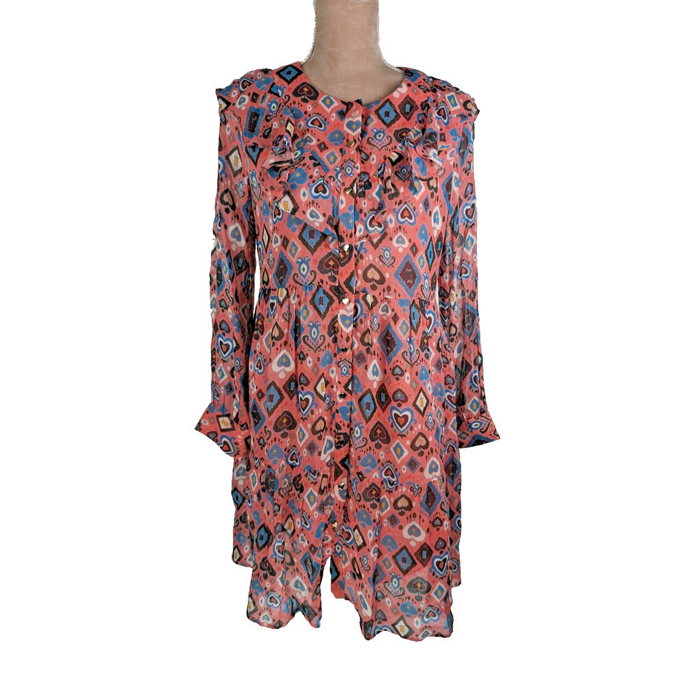 Emily Lovelock Julia Mini Dress in Pink Heart Multi Long Puff Sleeve S US 4-6